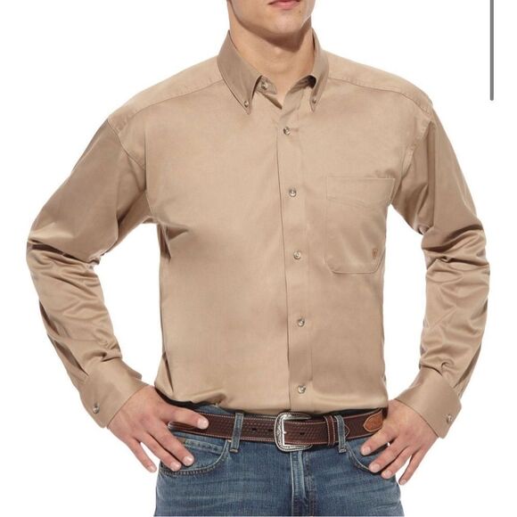 ARIAT MEN'S SOLID KHAKI TWILL LONG SLEEVE WESTERN SHIRT - Picture 1 of 7